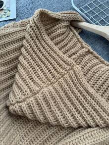 Casual Solid Color Thick Lantern Sleeve Cardigan, Autumn/Winter - Khaki - View 4