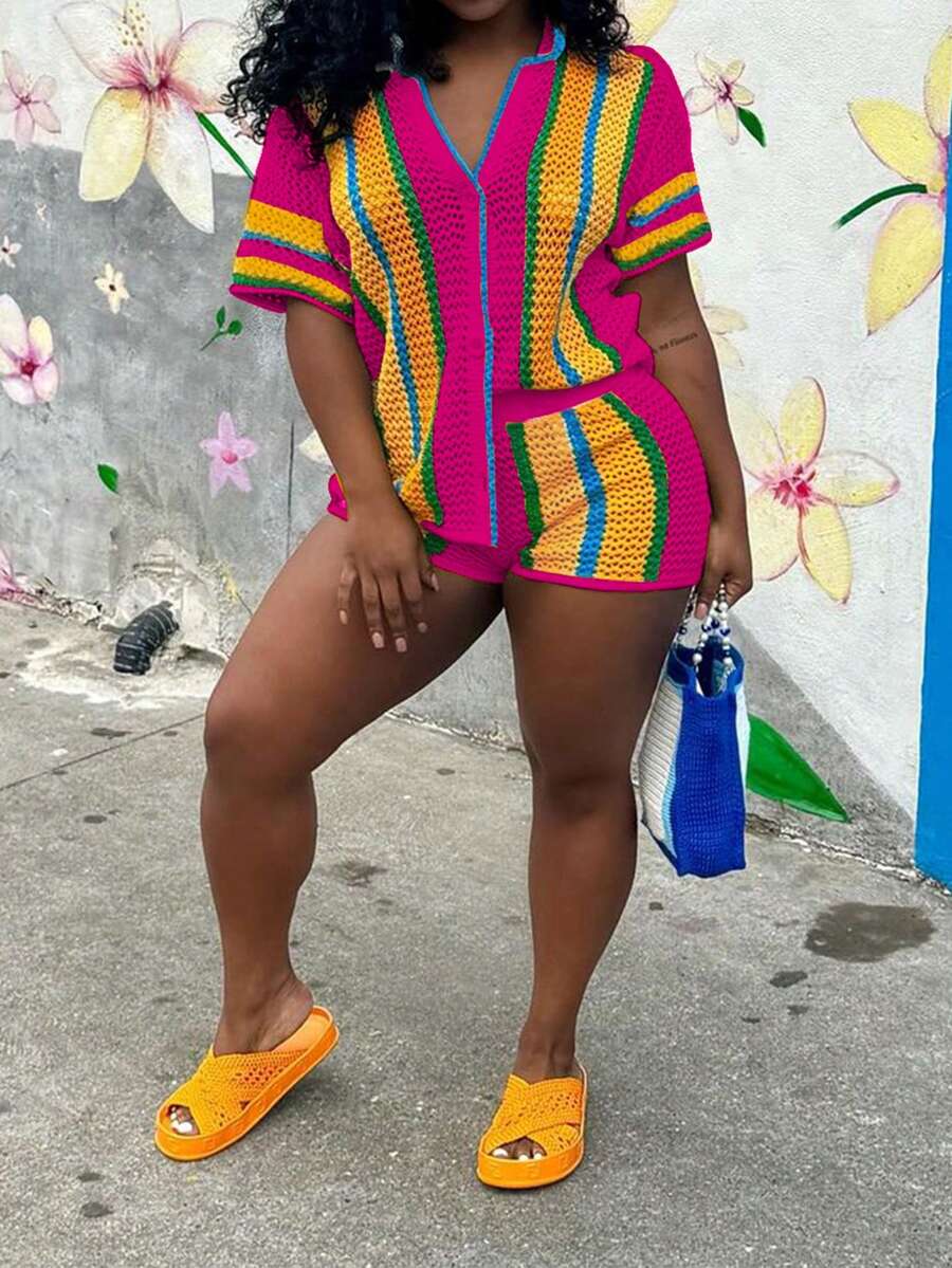 2pcs Women Colorblock Striped Short Sleeve Sweater & Loose Knit Shorts Set - Hot Pink - View 1