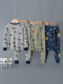 6件套年轻男童卡通内衣套装，可爱汽车图案加厚长袖睡衣，太空宇航员印花家居服秋季 - 彩色 - 查看 2