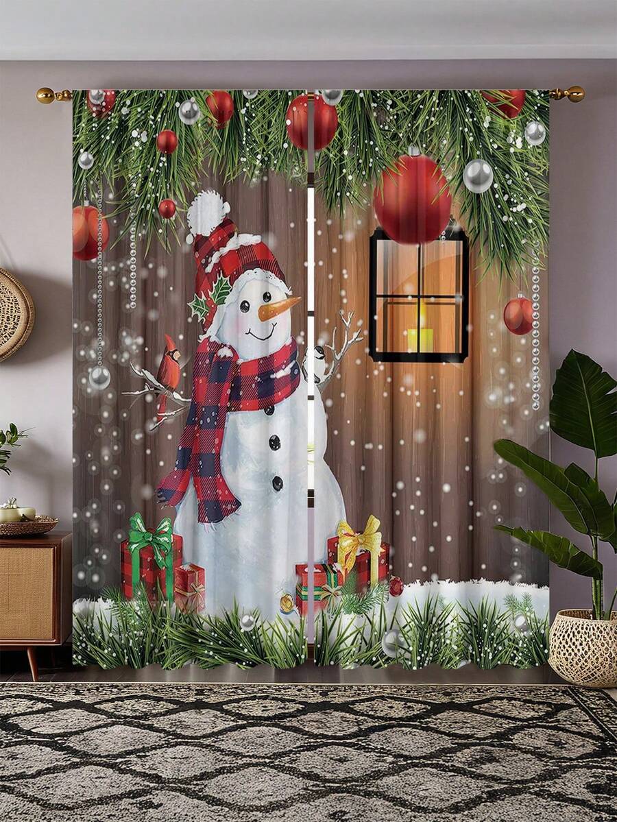 2 PIEZAS de cortinas de ventana con estampado de muñeco de nieve, escenario navideño y decoración, impresión digital de alta definición, instalación con bolsillo para barra, 100% poliéster, 90g/m2, adecuado para todas las estaciones, decoración del hogar, estilo artístico con barras y bolsillos, cortinas románticas, material de poliéster, adecuado para cocina, dormitorio, estudio o sala de estar - Multicolor - Ver 1