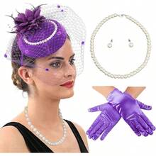 Ibeauti Fascinator Hats With Screentouch Lace Gloves Set Women Tea Party Cocktail Wedding Derby Headwear Short Gloves - 01 紫色 - 查看 1