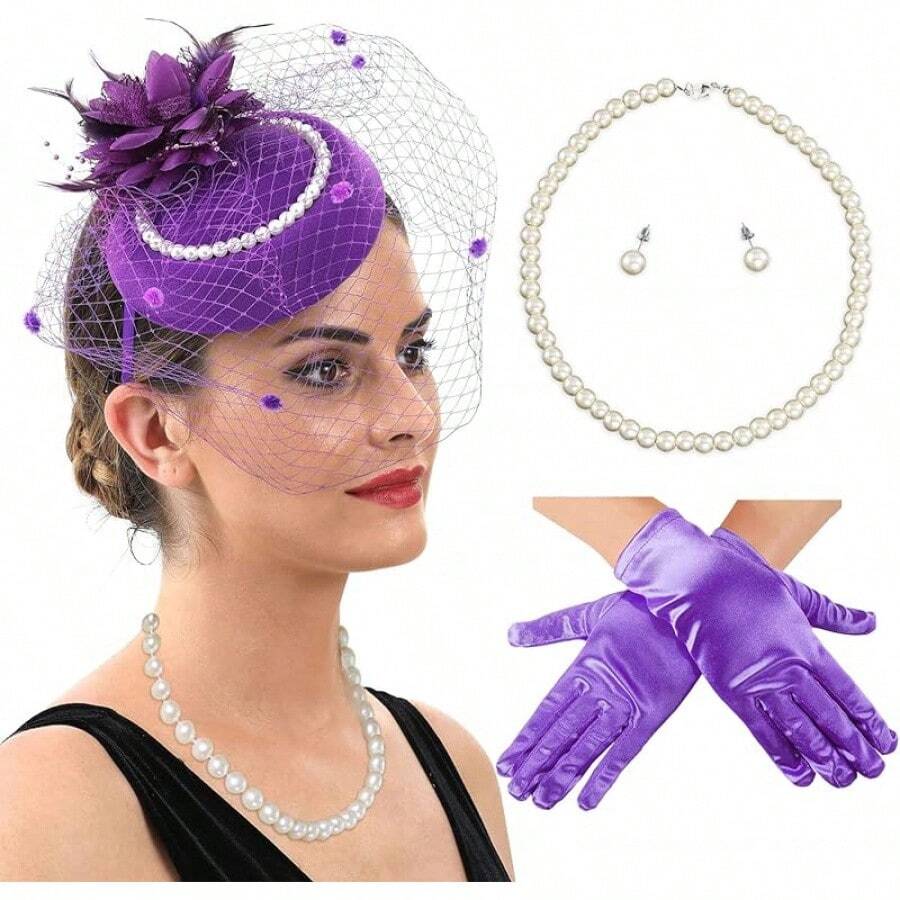 Ibeauti Fascinator Hats With Screentouch Lace Gloves Set Women Tea Party Cocktail Wedding Derby Headwear Short Gloves - 01 紫色 - 查看 1