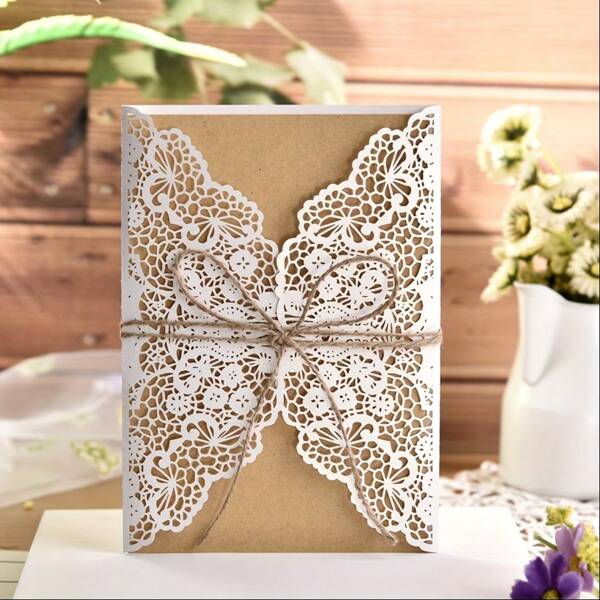 Cartes de mariage rustiques kraft avec accents en dentelle et or laser creux. Invitations imprimables vierges pour mariages vintage ou modernes, fournitures scolaires, rentrée scolaire