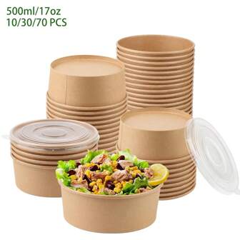 17oz/500ml 10/30/70/100pcs Large Size Paper Bowls With Lids, Disposable Soup Bowls, Bulk Party Supplies, Suitable For Serving Cold & Hot Food, Soup