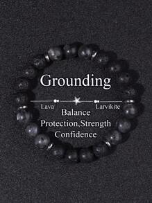 Lava & Larvikite Beaded Men's Grounding Bracelet, Crystal Healing, Protection, Willpower, Focus, Strength, Confidence Jewelry Unisex Gifts For Husband, Boyfriend, Dad