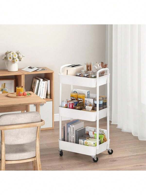 [ Nordic Minimalism ] Three-Layer White Plastic Trolley | Lightweight PP Material | Thickened Perforated Net Basket | 360° Silent Swivel Casters | Kitchen/Bathroom Storage Wonder