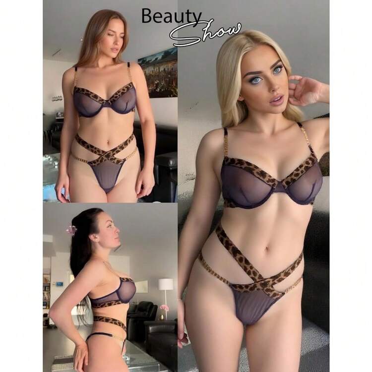 Local Delivery--Sexy Lingerie Set Mesh See Through Underwire Bra Panty Set Leopard Splice Push Up Lingerie With Chain - Purple - View 6