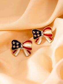 1 Par de Pendientes con lazo a la moda y único estilo con banderas europea y americana y diamantes