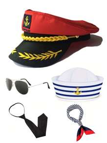 Conjunto de gorro de marinero ajustable blanco y negro, gorra de capitán a rayas, bufanda a rayas, gafas de sol de aviador negras, accesorios de disfraz naval, apropiado para fiestas, actuaciones, gorro de enfermera, boina, atuendo del Día de San Valentín