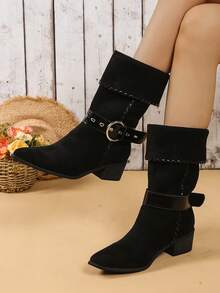 Vintage Rüschen 2-in-1 Western Stil Knöchelstiefel, Neue Kollektion Retro Damen Halbe Waden Kurze Stiefel, Spitz Zulaufende Reiter Stiefel, Lässig vielseitig