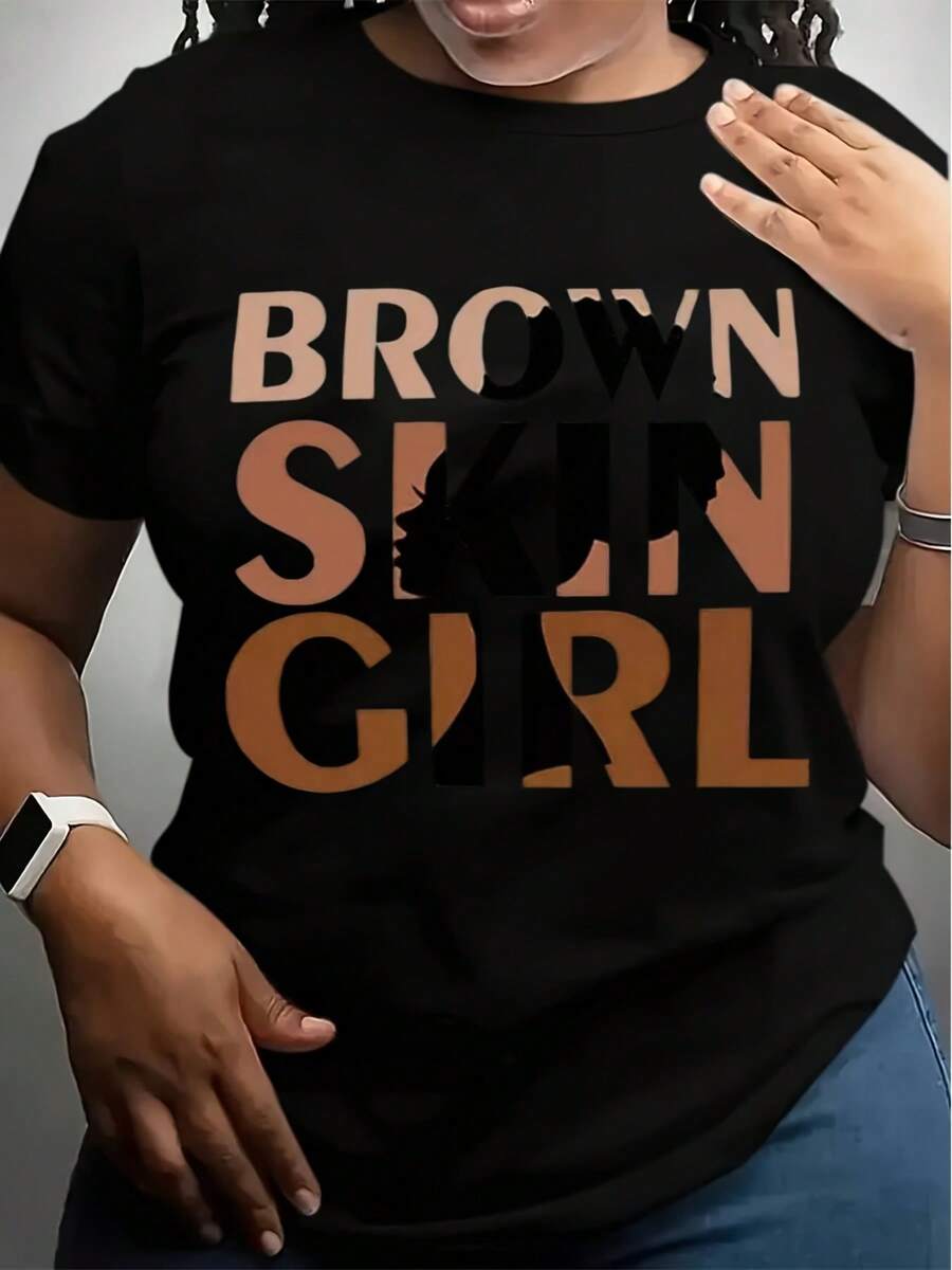 Plus Size Women's T-Shirt Brown Light Beige  Graphic Tee, Soft & Comfortable, Loose Fit Summer Casual Top With Bold Print, Perfect For Lounging Or Going Out!, Ladies T Shirts - 黑色 - 查看 1
