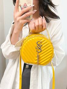 Bolsa Feminina de Design Redondo, Bolsa de Ombro Retrô de PU, Bolsa Clutch Fashion Transversal, Bolsa de Viagem Feminina - Amarelo - Visão 3