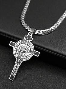 Colar com pingente de cruz cristã de Jesus CSPB INRI para mulheres e homens, corrente religiosa de aço inoxidável de São Bento
