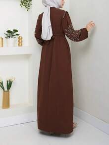 Solid Color Elegant European & Middle Eastern Turkish Style Women's Long Dress With Zipper, Pearl And Rhinestone Decorated Long Sleeve Abaya