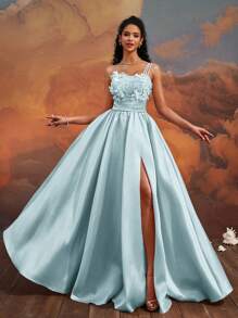 VIPGIRL Eisblau Abendkleid im A-Linie Stil mit asymmetrischem Kragen und 3D Blumen, elegantes geteiltes Tüllkleid für den Abschlussball, Brautjungfernkleid, Abendgarderobe, Abschlussballkleid, Hochzeitsgastkleid, bodenlang, Partykleid, Frühjahr Sommer Kleid