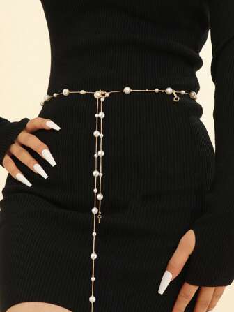 1pc Women Pearl Decor Waist Chain, Fashionable For Dress Matching Summer, School