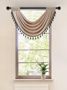 1 件轻质仿亚麻面料短窗帘，带流苏和镂空边框，现代简约风格，米色和黑色