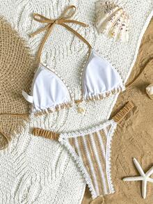 2025返校季女士波西米亚蕾丝条纹纹理面料泳衣，度假三角杯比基尼，荷叶边下装 - 彩色 - 查看 3