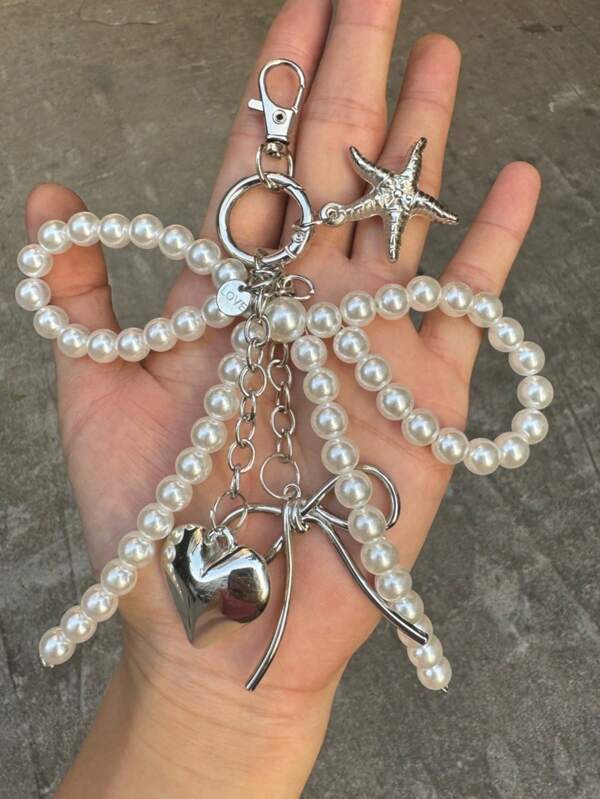 Unisex Y2k Cute Bead Bow Pendant Fashionable Heart-Shaped Large Size Bag Pendant Silver Heart-Shaped Rotating Hook Buckle Design Spring Buckle Bow And Heart-Shaped Elements Phone Charm Keychain Beach Bag Beach Accessories Vacation