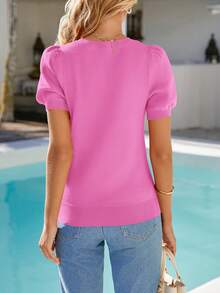 Womens Tops Spring Summer Puff Short Sleeve Sweater Crewneck Knit Work Blouses Dressy CasualShirts - 玫紅色 - 查看 2