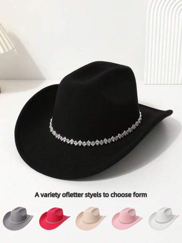 1 pieza Sombrero de vaquero occidental para mujer, sombrero de fieltro de ala ancha con cinturón de lujo con rhinestones, adecuado para actuaciones en el escenario, fiestas, novias, unisex versátil para todas las estaciones