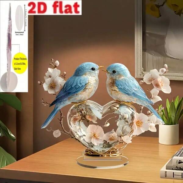 2D Flat Blue Bird Desk Decor With Heart Shaped Base - Romantic Valentine's Day, Wedding, Anniversary Gift, Suitable For Home Or Office Decoration | Modern Style, Bird Decor