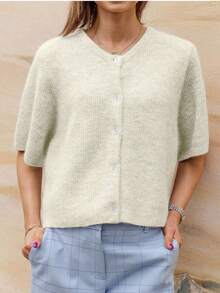 Women's Solid Color Cardigan Short Sleeve Round Neck Button Down Sweater Knit Tops