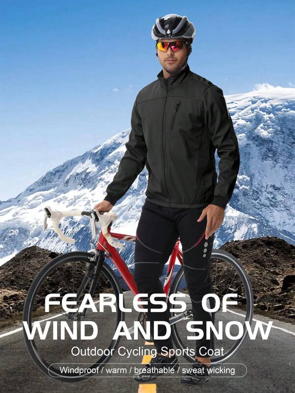 Men's Outdoor Cycling Sports Jacket, Windproof, Soft Shell, Long Sleeve, Mandarin Collar, Patch, Zipper, Suitable For Winter, Spring, Autumn, Autumn, Adult, Thick And Solid