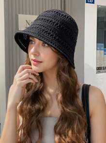 1pc Women's Summer Fashion Hollow Woven Bucket Hat, Outdoor Small Brim Knitted Basin Cap, Versatile Sun Hat