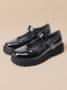 Musshoe Black Shoes Mary Jane Shoes Women Platform Chunky Flats For Women Buckle Strap Round Toe Shoes Oxfords - Black Mirror - View 8