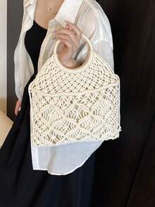 女士夏季镂空度假木环手提包，沙滩流苏手工编织休闲钱包