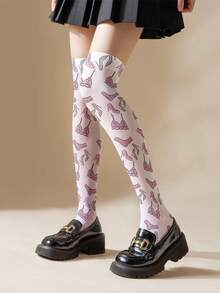 1 双女士薄款 3D 印花粉色内衣搭配高跟鞋图案大腿袜 - 前卫时尚的设计，展现迷人的个性化 | 360 数码印花大腿袜