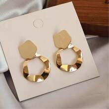 1 对金属不对称圆形时尚简约女士耳环 - 金黃色 - 查看 1