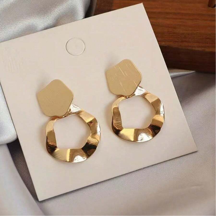 1 对金属不对称圆形时尚简约女士耳环 - 金黃色 - 查看 1