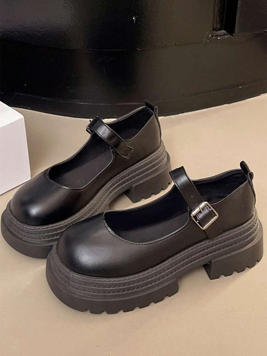 厚底圆头高跟时尚搭扣浅口鞋，粗跟一脚蹬休闲纯色平底鞋 - 黑色 - 查看 1