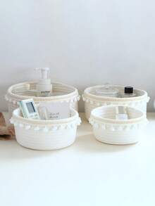 1 件现代手工编织圆球流苏篮，日式白色收纳篮，用于桌面杂物、零食、玩具和钥匙整理 - 白色 - 查看 1