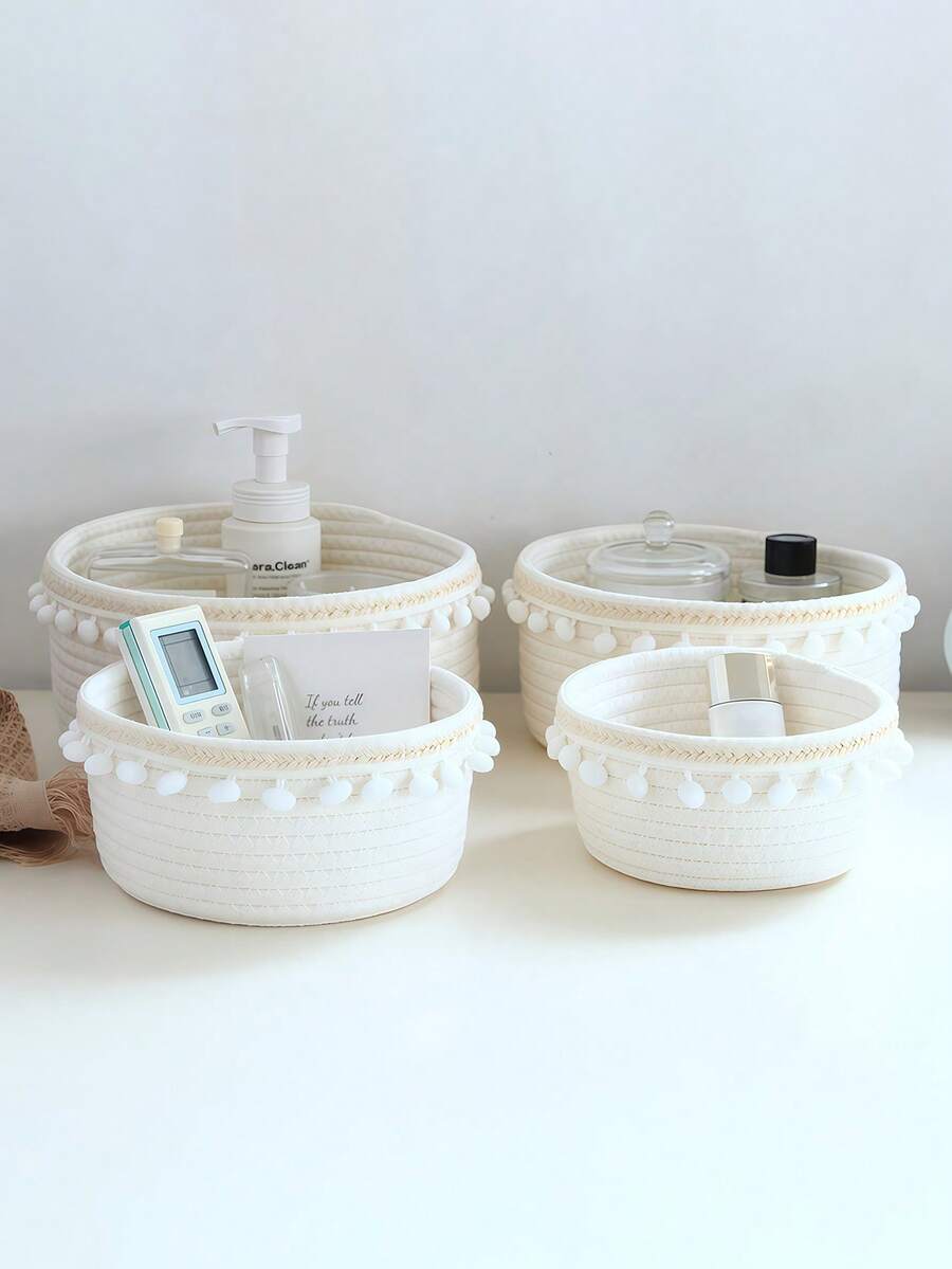 1 件现代手工编织圆球流苏篮，日式白色收纳篮，用于桌面杂物、零食、玩具和钥匙整理 - 白色 - 查看 1