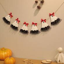 Vintage Cute Red Bow & White Bell Ghost Halloween Party Decorative Banner, Wall Hanging Pennant