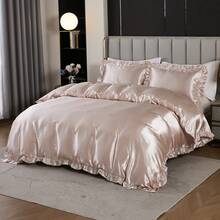 300 Thread Count Satin Duvet Cover Set Ruffled Duvet Cover Set Silk Like Satin Bedding Set Solid Color Bedding Sets Silky Ruffled Duvet Cover Set Luxury Hotel Bedding Cover Set All Season Quilt Cover With Pillowcases - Bụi hồng - Xem 1