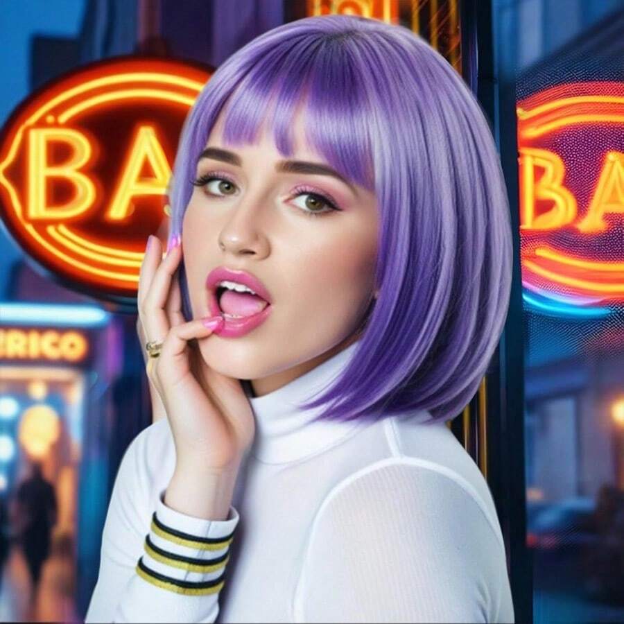 LANPurple Bob Wig+Hair Cap Short Purple Funny Wig With Bangs Lilac Bob Wigs Womens Purpling Cosplay Wigs With Bangs Cosplay Halloween Theme Party Costume OutfitGS4023 - 紫色 - 查看 1