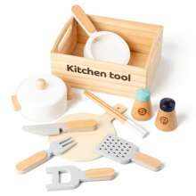 Montessori Children's Early Education Wooden Realistic Kitchen 6-Piece Set - Includes Wooden Realistic Fruits, Vegetables, Bread, Fresh Produce, Kitchenware, Knives. Kitchen Toy Set With Wooden Box, Cutting Board, Pots And Pans, Knives. Suitable For 3-6 Year Old Boys And Girls. Can Be Given As Birthday, Children's Day, New Year, Christmas Gift To Cultivate Children's Imagination And Social Skills.