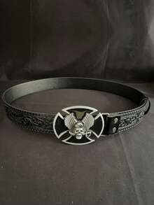 1 件男士骷髅万圣节派对 PU 皮革合金扣休闲腰带，带鹰油画图案设计休闲、商务、男朋友丈夫父亲爸爸男士礼物、日常穿着、时尚、青少年、户外、度假、运动、旅行、街头、波西米亚风、复古 - 黑色 - 查看 11