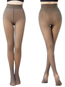 Women's Leggings - Fake Semi-Transparent Leggings, High-Waisted Pantyhose, Transparent Thick And Warm Leggings (Size: L) - 咖色 - 查看 2