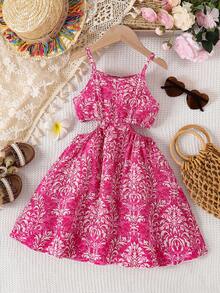 少女热带植物印花镂空腰部度假无袖镂空吊带裙，夏季 - 玫紅色 - 查看 3