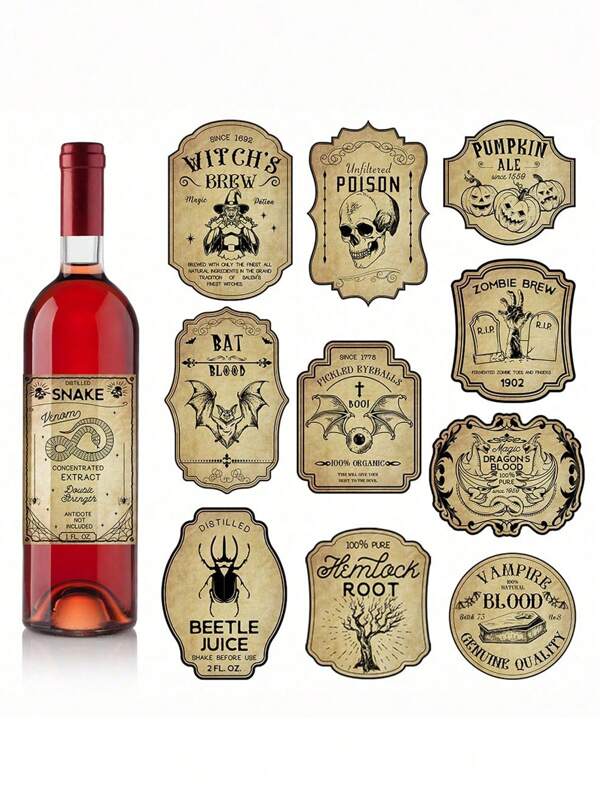 12 sztuk/zestaw Vintage Straszne Halloweenowe Etykiety Na Butelki Wina Naklejki, Etykiety Na Butelki Wina Na Imprezę Halloween Dekoracje Papierowe Naklejki Wodoodporne Halloween Party Favors Jesień, Boże Narodzenie