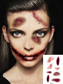 24 Sheets Halloween Zombie Temporary Tattoos, Waterproof Realistic Sutured Wound Scar Fake Blood Tattoo, Prank Makeup April Fools' Day Fun Cosplay Face Tattoo For Men Women Halloween Party Festival - Multicolor - View 6