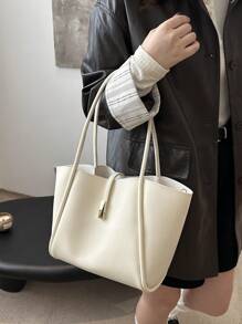 1pc Solid Color Metallic Decoration PU Leather Large Capacity Snap Button Minimalist Fashion Shoulder Tote Bag, Suitable For Women's Daily Use