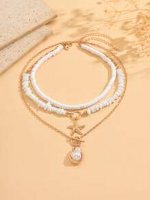 3pcs/Set Bohemian Style Minimalist Choker Necklace Set With Natural Stone, Alloy Starfish Pendant, Oversized Irregular Faux Pearl Pendant And Lobster Clasp, Suitable For Daily Wear, Vacation, Party