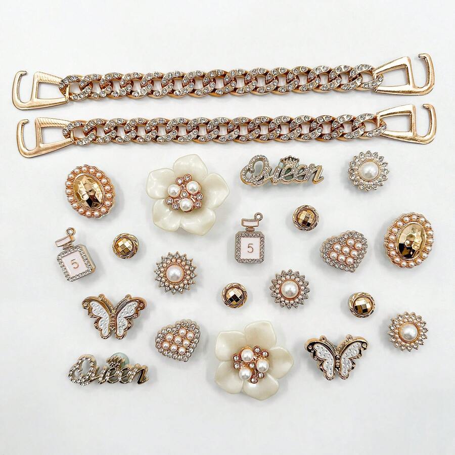 Fashionable Faux Pearl & Crystal Decorative Shoe Chain Accessory Set, Removable DIY Butterfly, Flower, Wooden Clogs, Garden Shoe, Bag & Handmade Decor Charm, Perfect Gift For Festivals
