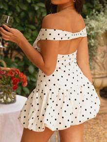 Women's Summer .Y V Neck Off Shoulder Mini Bubble Dresses Backless Puffy Hem Soild/Polka Dot Short Dress - Đen và trắng - Xem 9